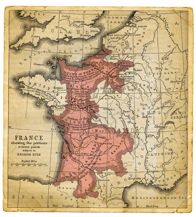 15. yüzyılda Fransa'nın eski haritası, Yüzyıl Savaşları sırasında İngilizlerin kontrolü altındaki topraklar... Fotoğraf: Getty
